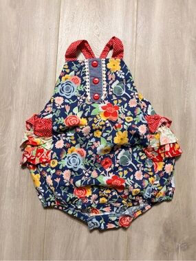 Navy Floral Baby Romper with Red Strap Accents